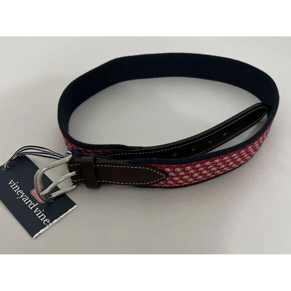 NWT Vineyard Vines Whale  Belt Sz 30 Red/Pink Preppy‎ Canvas Leather - Picture 1 of 8